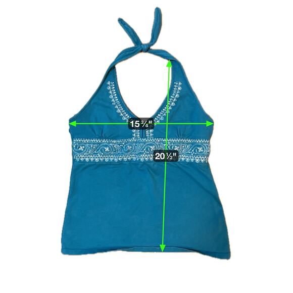 Y2K Turquoise Embroidered Bead Halter Top Blue Sz Large Fairy Pixie Boho Tie - Picture 6 of 8